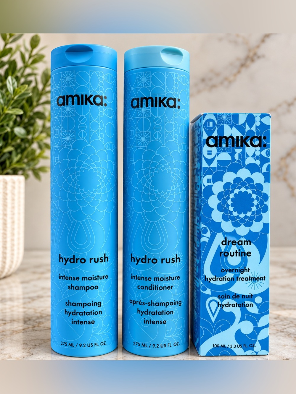 NEW! Amika Hydro Rush Shampoo Conditioner Dream Routine 3pc Set